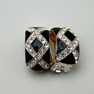 Vintage Black Enamel Rhinestone Earrings X Design Clip On‎ Hoop Silver Tone